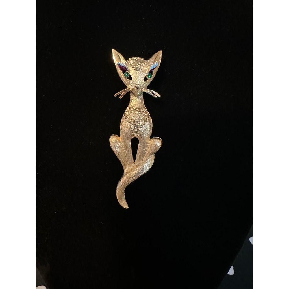 VTG signed Mamselle 1960s gold tone siamese cat brooch crystal eyes 3"